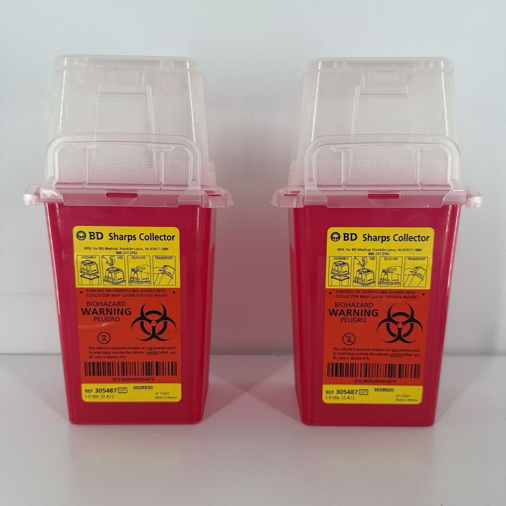 2 BD Sharps Collectors Containers 1.5 qt. 1.4L Nestable Red Waste Collector